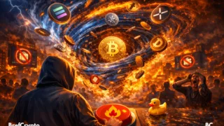 Un homme en capuche appuie sur un bouton rouge, aspirant des altcoins