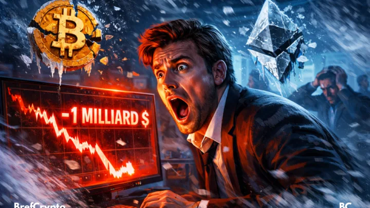 Homme choqué devant écran rouge montrant chute crypto, Bitcoin et Ethereum gelés, ambiance dramatique, tempête glaciale, intense cinématographique.