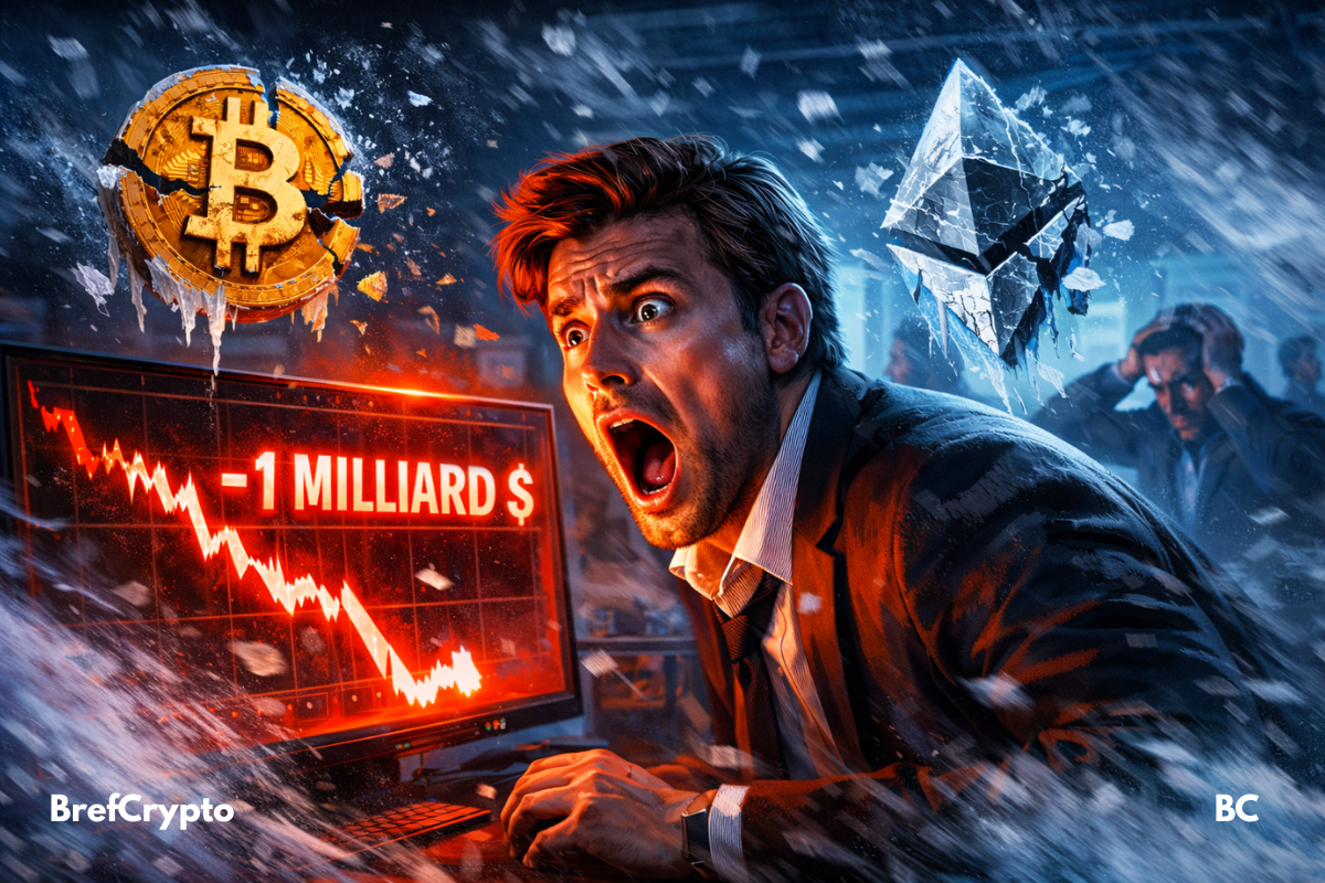 Homme choqué devant écran rouge montrant chute crypto, Bitcoin et Ethereum gelés, ambiance dramatique, tempête glaciale, intense cinématographique.