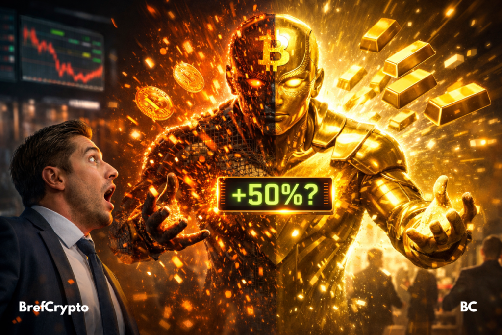 Bitwise lance un ETF actif combinant Bitcoin et or Un investisseur stupéfait face à une entité fusionnant Bitcoin et or, affichant un potentiel gain de +50%.