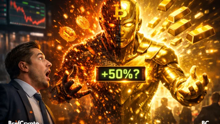 Un investisseur stupéfait face à une entité fusionnant Bitcoin et or, affichant un potentiel gain de +50%.