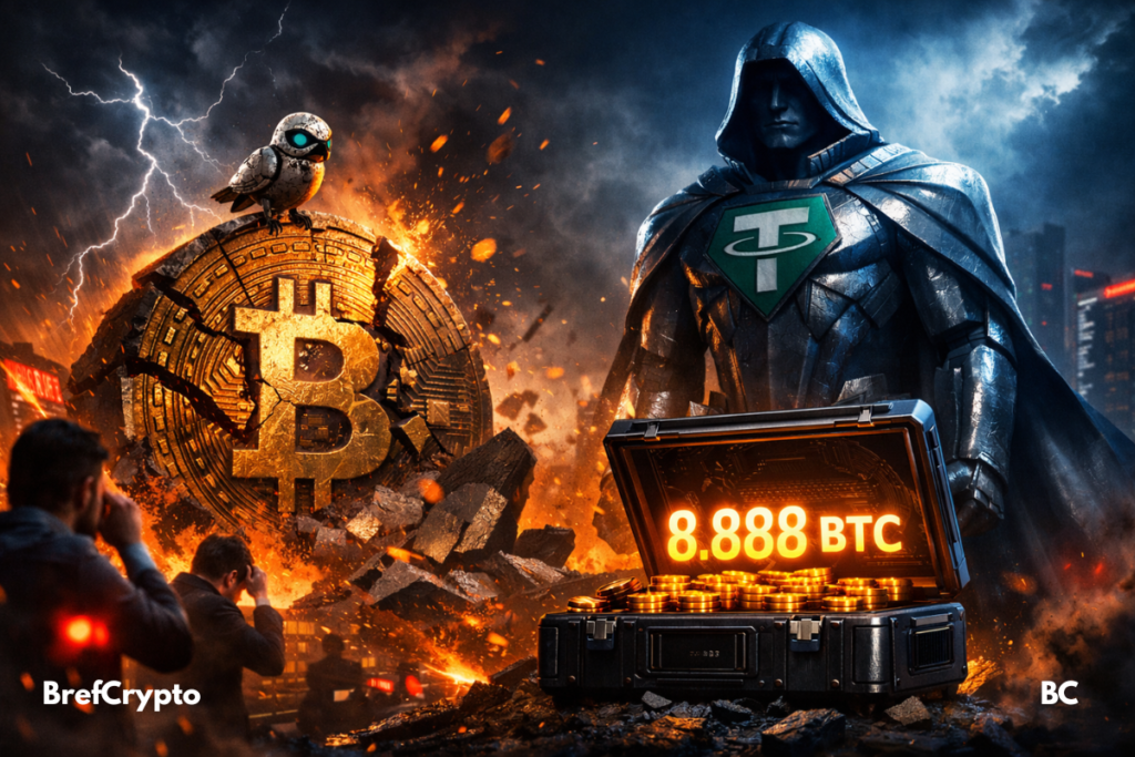 Bitcoin éclaté, traders paniqués, oiseau robotique observant. Tether impassible, mallette ouverte affichant 8.888 BTC dans l'obscurité.