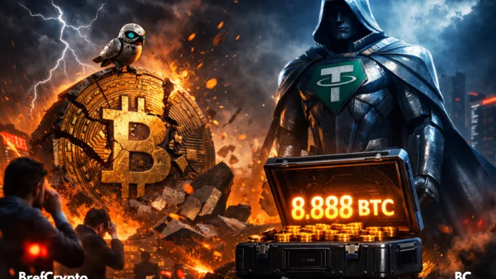 Bitcoin éclaté, traders paniqués, oiseau robotique observant. Tether impassible, mallette ouverte affichant 8.888 BTC dans l'obscurité.