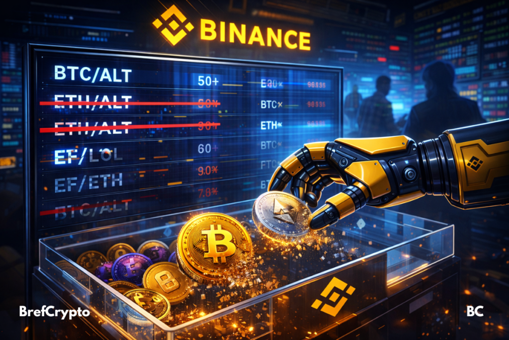 Main robotique Binance retirant des pièces BTC et ETH d’un écran de trading, paires barrées en fond.