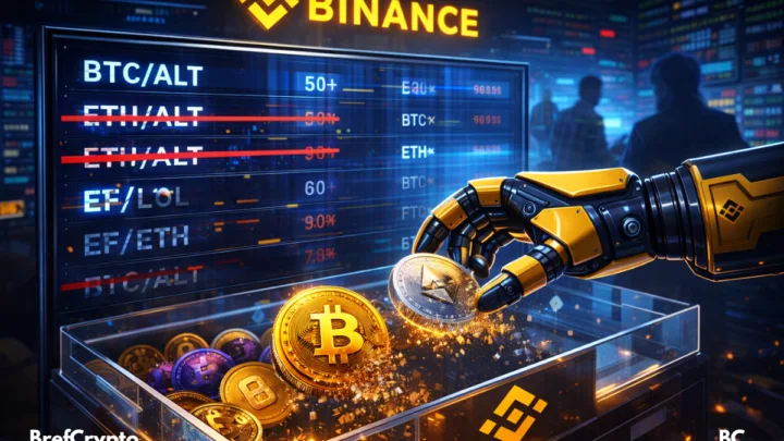Main robotique Binance retirant des pièces BTC et ETH d’un écran de trading, paires barrées en fond.