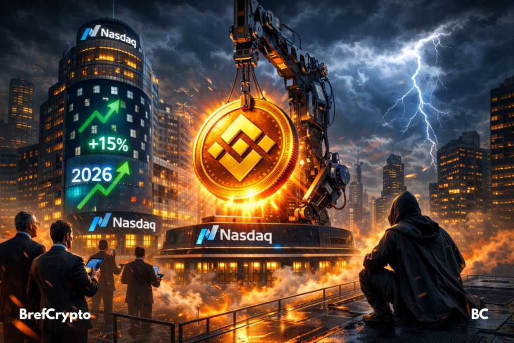 Une pièce Binance Coin géante est hissée par une grue devant le Nasdaq