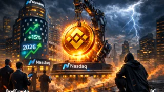 Une pièce Binance Coin géante est hissée par une grue devant le Nasdaq