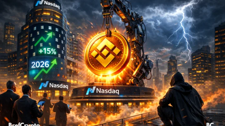 Une pièce Binance Coin géante est hissée par une grue devant le Nasdaq