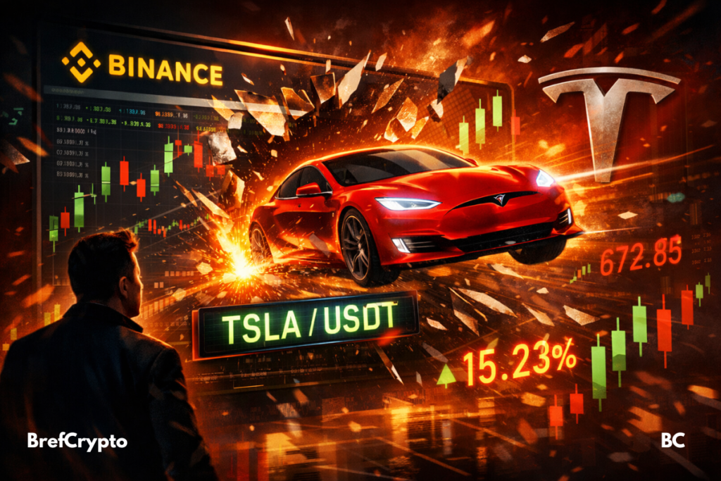 Une voiture Tesla rouge jaillit d’un écran de trading Binance