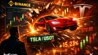 Une voiture Tesla rouge jaillit d’un écran de trading Binance