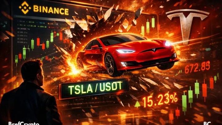 Une voiture Tesla rouge jaillit d’un écran de trading Binance