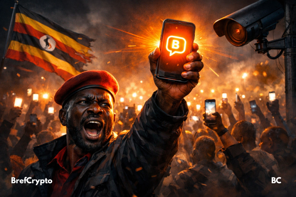 Un homme lève un smartphone affichant le logo de BitChat,