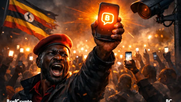 Un homme lève un smartphone affichant le logo de BitChat,