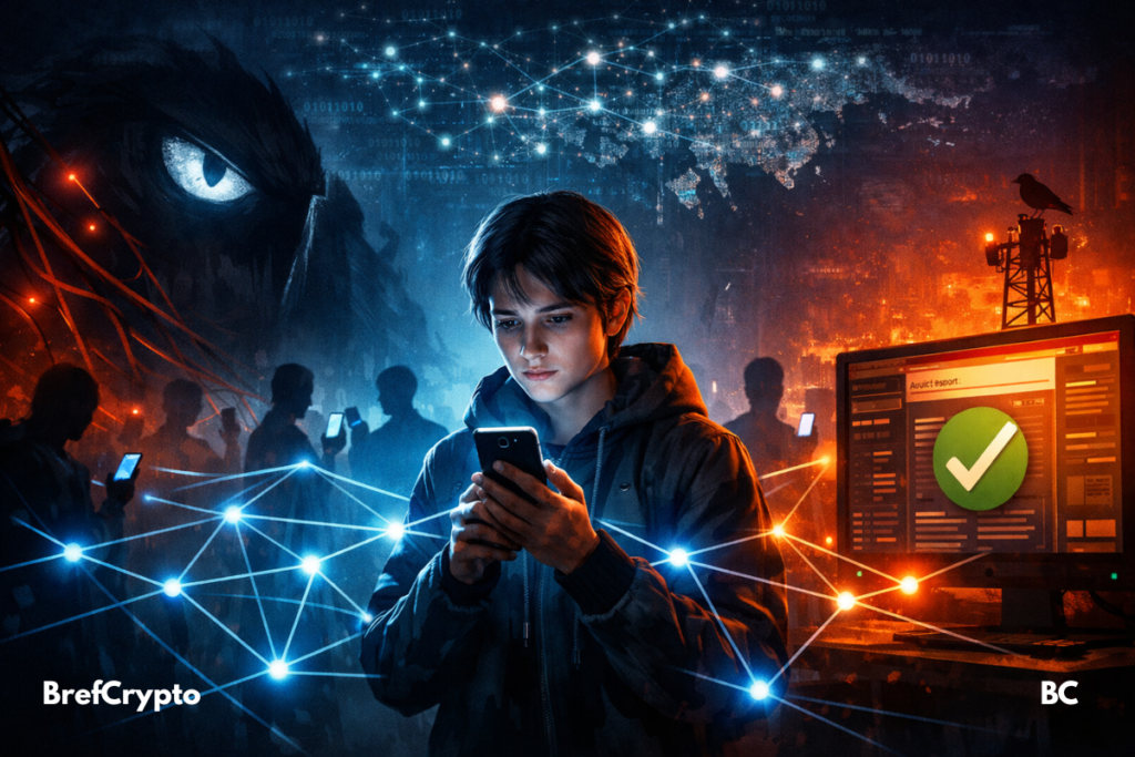 Un jeune utilisateur connecté à un maillage Bluetooth, protégé par Tor et un audit de sécurité.