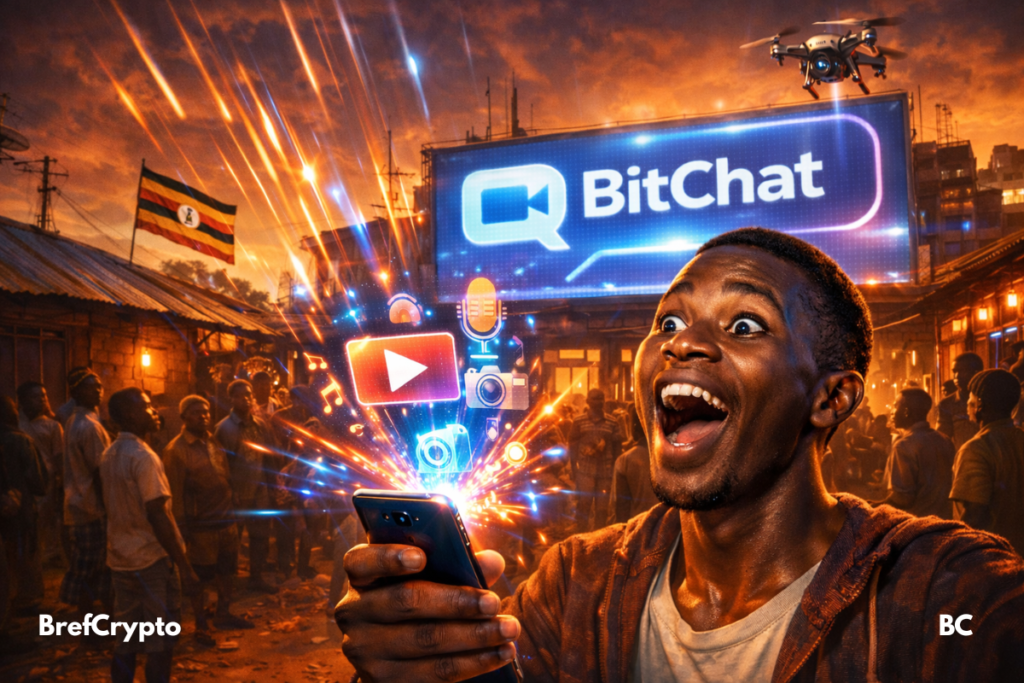 Un jeune Ougandais stupéfait regarde un hologramme jaillir de son smartphone, entouré de villageois et d’un écran BitChat géant.