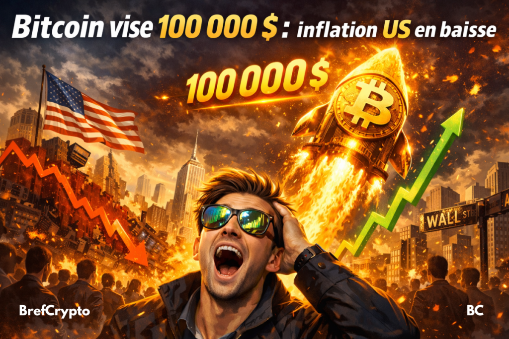 Trader choqué devant un Bitcoin fusée et une ville en feu.