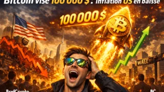 Trader choqué devant un Bitcoin fusée et une ville en feu.