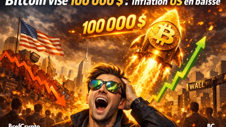 Trader choqué devant un Bitcoin fusée et une ville en feu.
