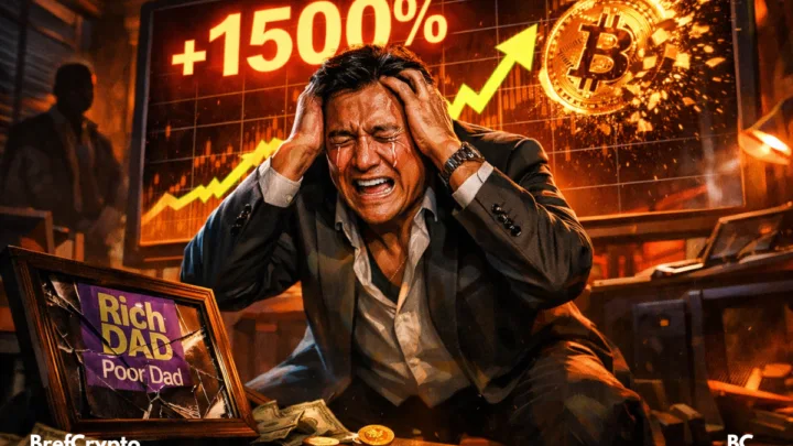 Homme devant un écran affichant +1500% bitcoin