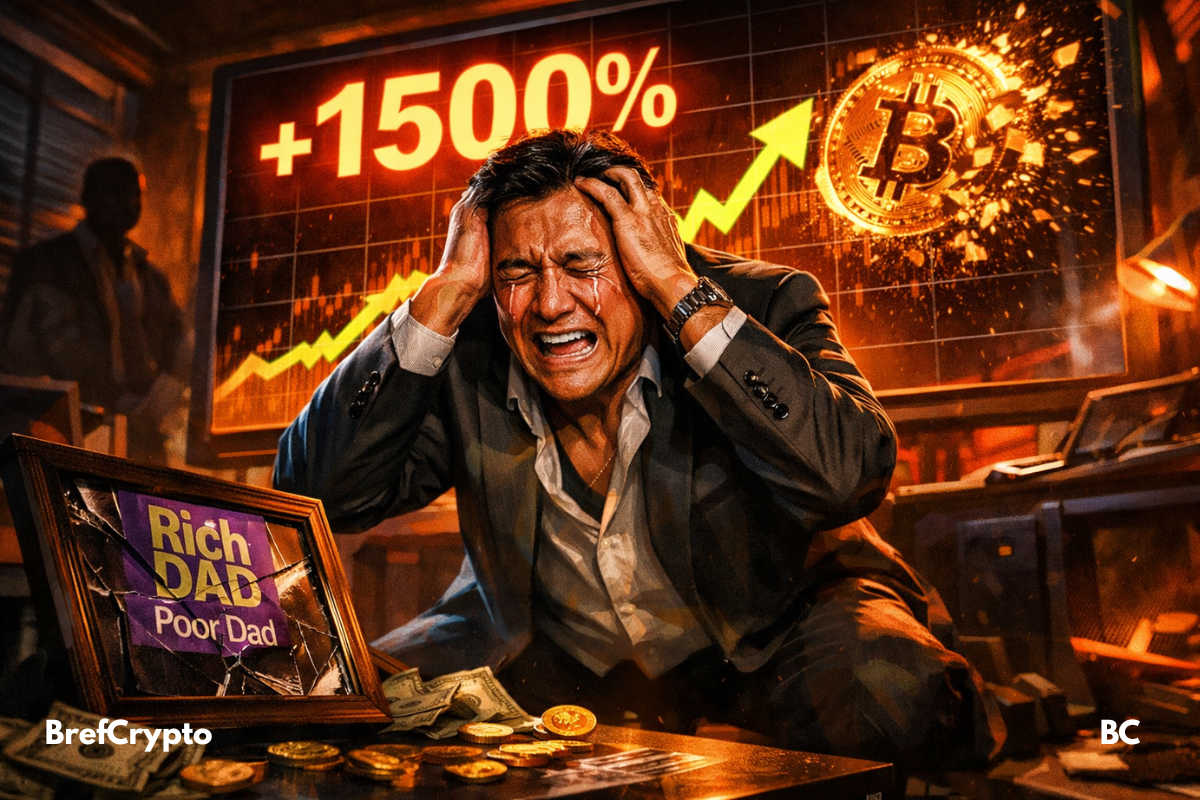Homme devant un écran affichant +1500% bitcoin