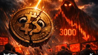 Bitcoin fissuré tombant, spectre numérique et graphique rouge affichant "3000".