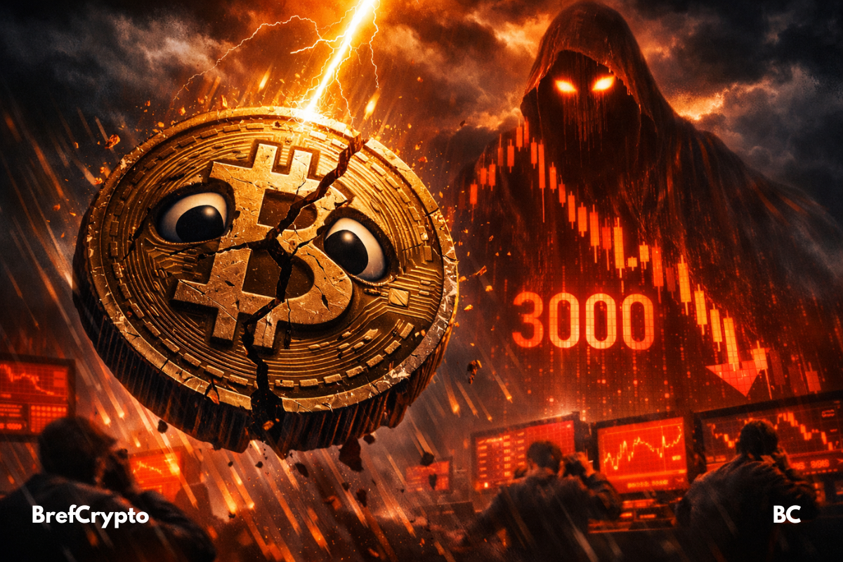 Bitcoin fissuré tombant, spectre numérique et graphique rouge affichant "3000".