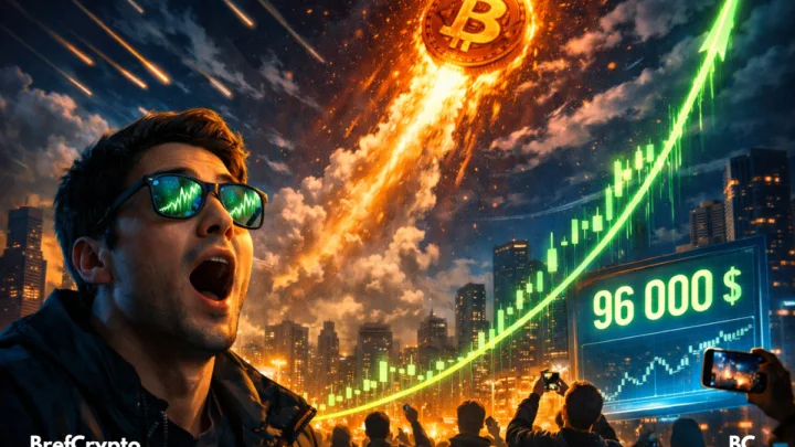 Un trader bouche bée regarde un Bitcoin enflammé monter dans le ciel