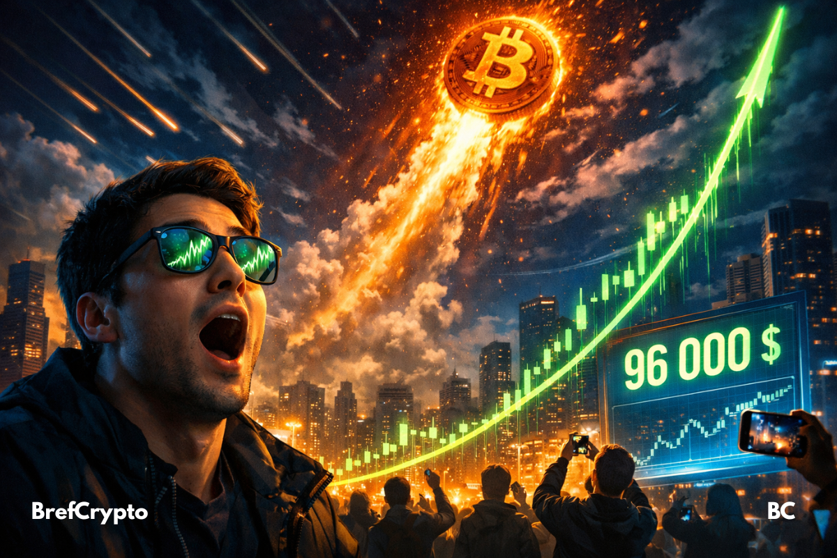 Un trader bouche bée regarde un Bitcoin enflammé monter dans le ciel