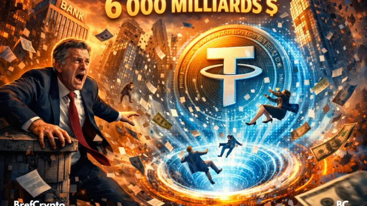 Banquier en panique devant un vortex digital avec symbole Tether, aspirant bâtiments bancaires, billets et personnes, sur fond de crise économique.