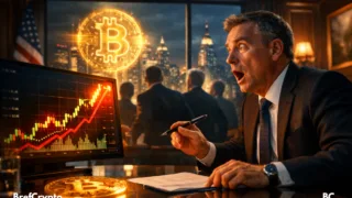 Homme en costume choqué devant un écran montrant une forte hausse du Bitcoin.
