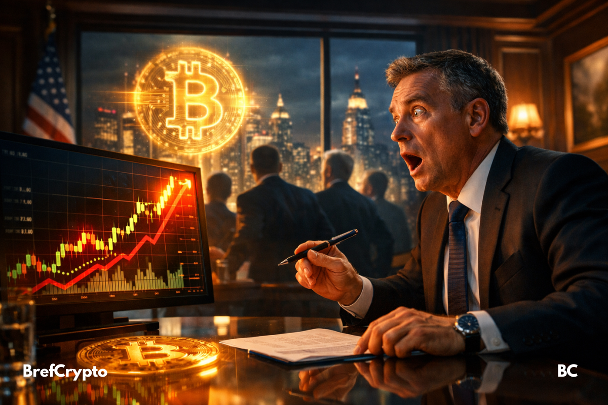 Homme en costume choqué devant un écran montrant une forte hausse du Bitcoin.
