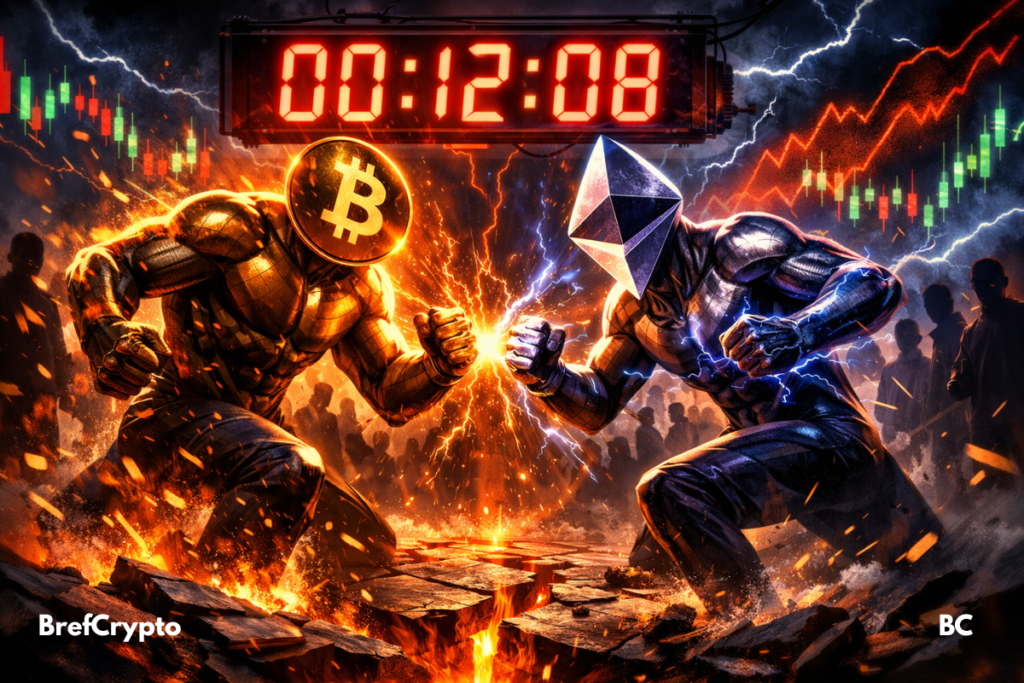 Bitcoin & Ethereum : Journée clé avec 8,5 milliards $ d’options à l’expiration Deux figures humanoïdes représentant Bitcoin et Ethereum