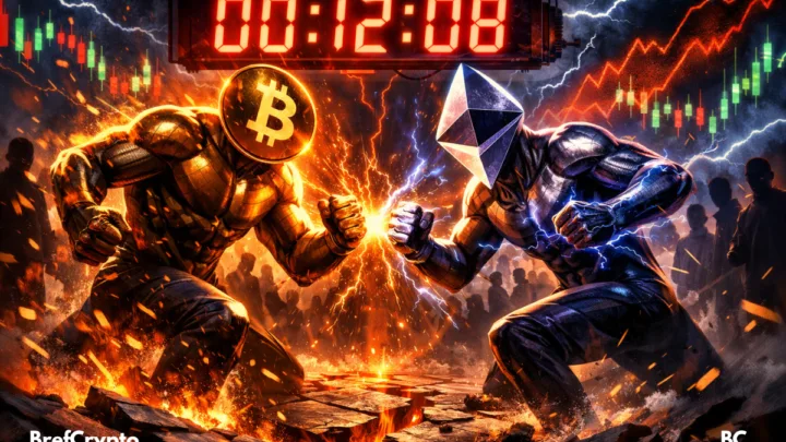Deux figures humanoïdes représentant Bitcoin et Ethereum