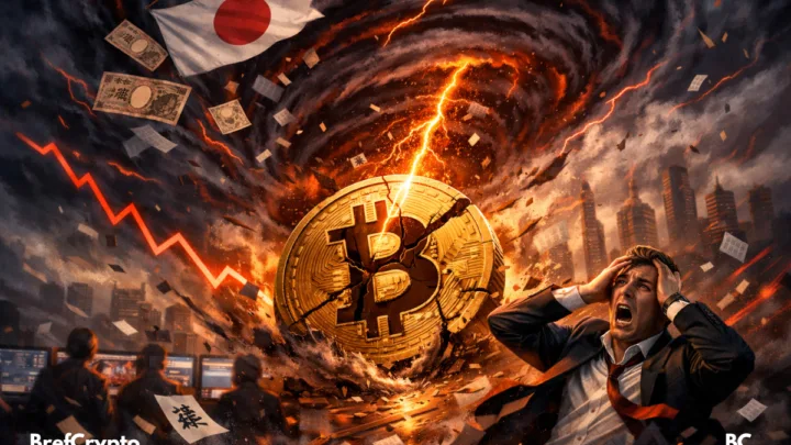 Tempête financière avec une pièce de Bitcoin fissurée frappée par la foudre,