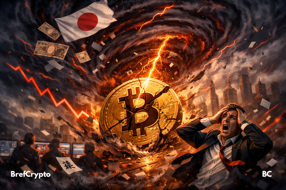 Tempête financière avec une pièce de Bitcoin fissurée frappée par la foudre,