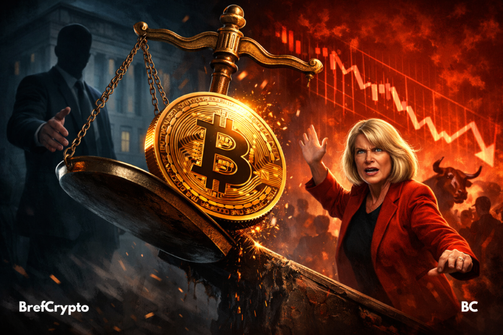 Bitcoin en équilibre instable, DOJ menaçant, Lummis alerte, marché en chute libre, tension et choc imminent.