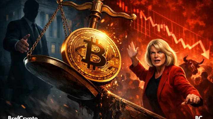 Bitcoin en équilibre instable, DOJ menaçant, Lummis alerte, marché en chute libre, tension et choc imminent.