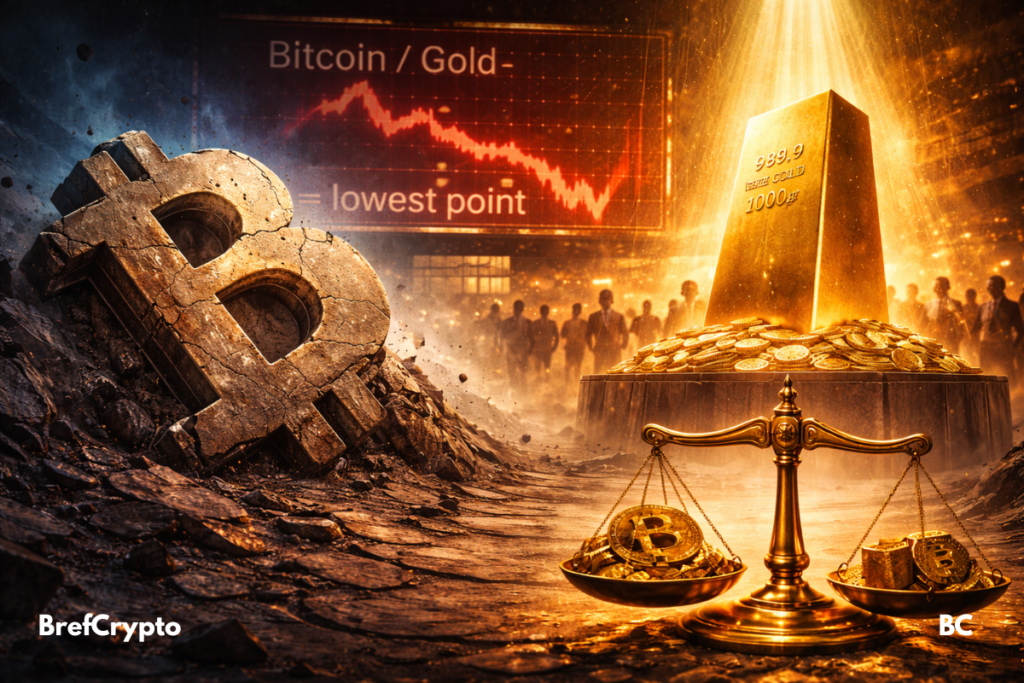 Bitcoin face à l’or : le ratio chute à un plus bas Une statue de Bitcoin s’enfonce dans un sol fissuré, face à une barre d’or rayonnante admirée par une foule.