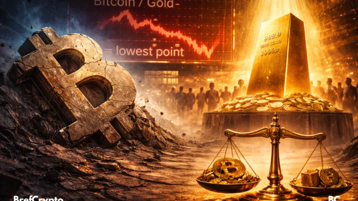 Une statue de Bitcoin s’enfonce dans un sol fissuré, face à une barre d’or rayonnante admirée par une foule.