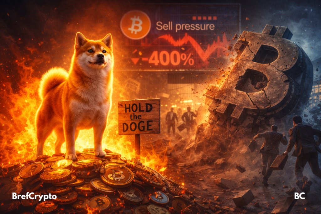 Un Shiba Inu fier se tient sur des jetons en feu, tandis qu’une statue de Bitcoin s’effondre et que des traders fuient.