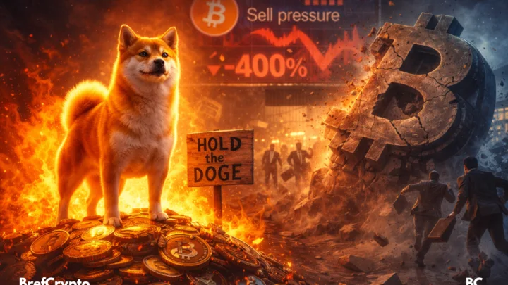 Un Shiba Inu fier se tient sur des jetons en feu, tandis qu’une statue de Bitcoin s’effondre et que des traders fuient.