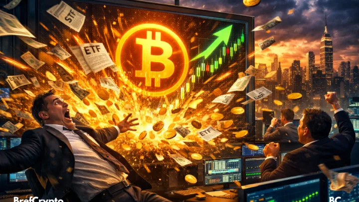 Trader stupéfait devant une explosion de pièces et de billets symbolisant l’entrée massive de capitaux dans les ETF Bitcoin.