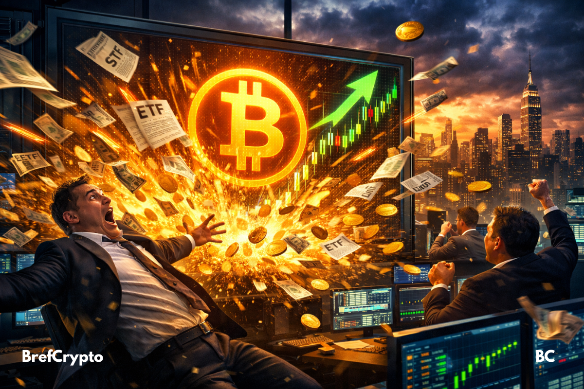 Trader stupéfait devant une explosion de pièces et de billets symbolisant l’entrée massive de capitaux dans les ETF Bitcoin.