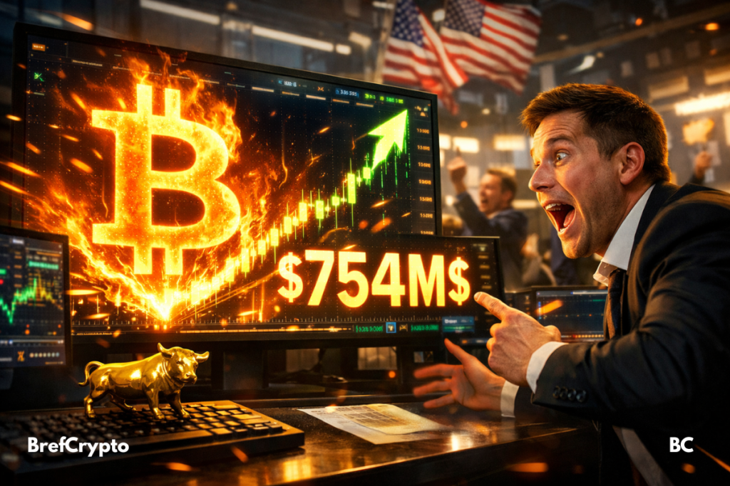 Trader en costume, visiblement choqué et excité, pointe un écran affichant un logo Bitcoin en flammes, un graphique haussier et le chiffre "$754M$" lumineux, avec en arrière-plan des drapeaux américains et une salle de marché en effervescence. Un taureau doré est posé sur un clavier.