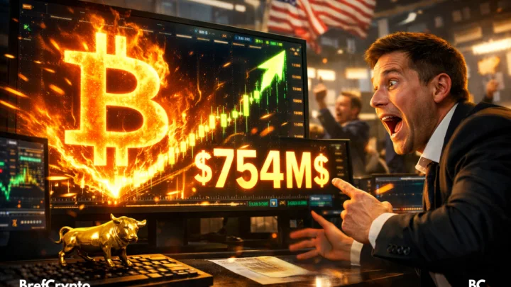 Trader en costume, visiblement choqué et excité, pointe un écran affichant un logo Bitcoin en flammes, un graphique haussier et le chiffre "$754M$" lumineux, avec en arrière-plan des drapeaux américains et une salle de marché en effervescence. Un taureau doré est posé sur un clavier.
