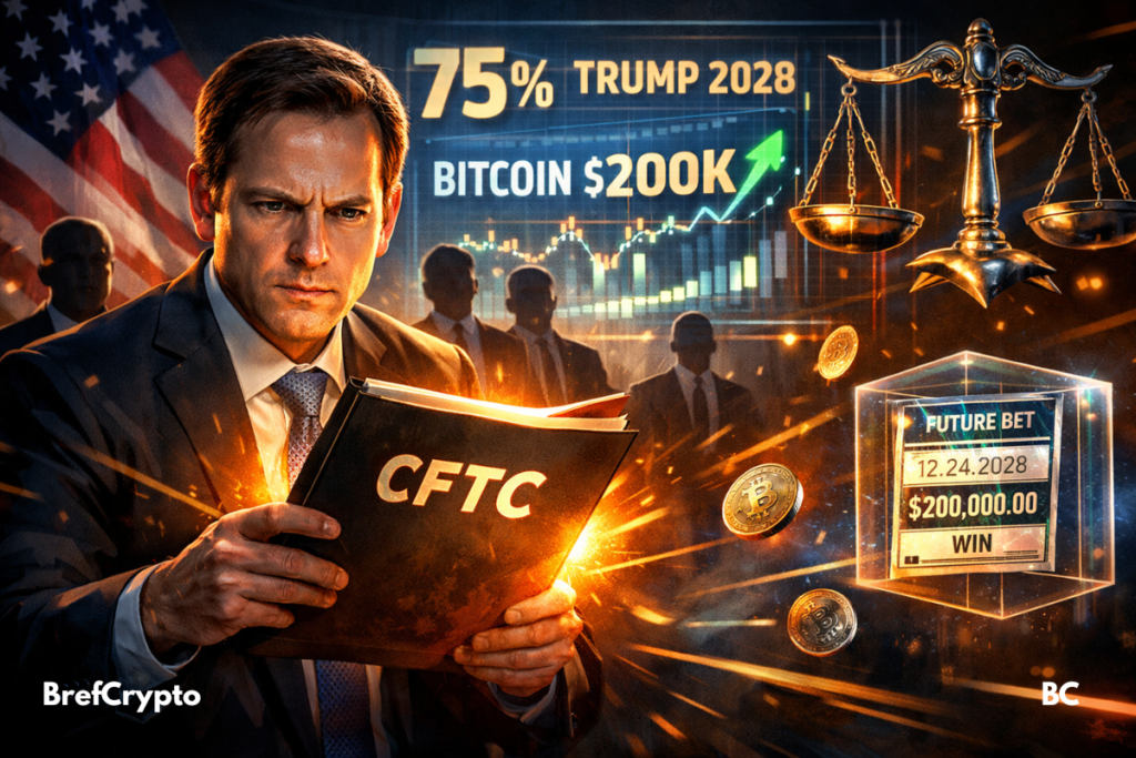 Michael Selig lit un dossier CFTC lumineux, entouré de symboles crypto, paris futuristes et graphiques explosifs.