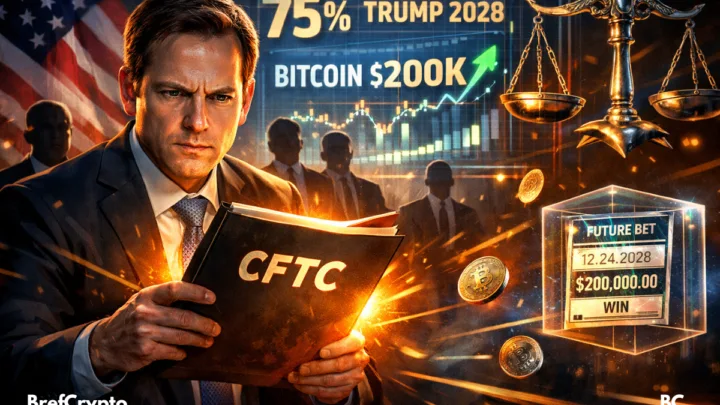 Michael Selig lit un dossier CFTC lumineux, entouré de symboles crypto, paris futuristes et graphiques explosifs.