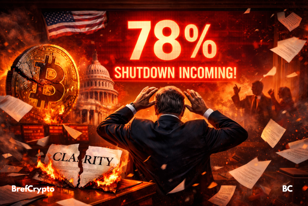 À 78% de risque, le shutdown US menace la loi CLARITY et plonge la crypto dans l’incertitude totale.
