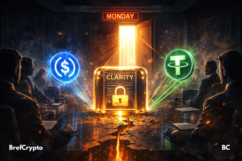 Stablecoins : Réunion décisive lundi, la loi CLARITY prête à progresser Hologrammes USDC et USDT flottent autour d’un document “CLARITY” sous clé