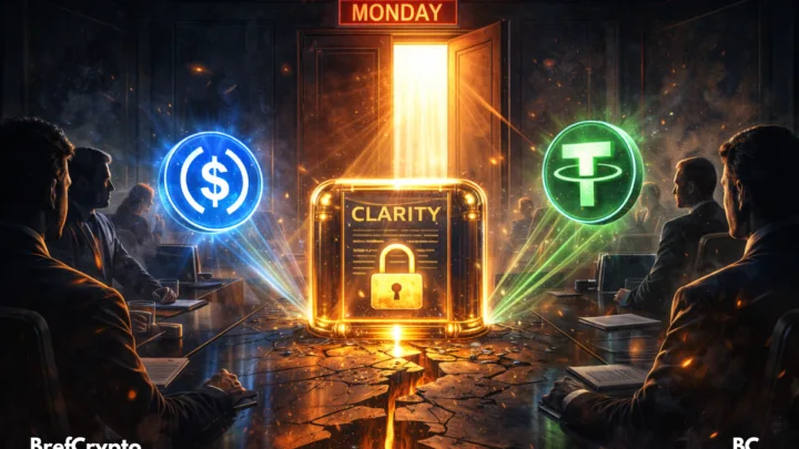 Hologrammes USDC et USDT flottent autour d’un document “CLARITY” sous clé